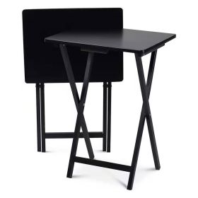 Set of 2 Folding TV Tray Table Set in Black Wood Finish – Portable Snack & Laptop Tables