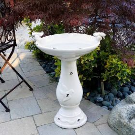 Outdoor Off White Ceramic Birdbath in Light Brown Antique Finish