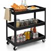 Black Steel Frame Kitchen Serving Utility Cart on Wheels with 2 Shelves