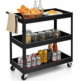 Black Steel Frame Kitchen Serving Utility Cart on Wheels with 2 Shelves