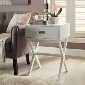 White Modern 1 Drawer End Table Nightstand with X-Legs