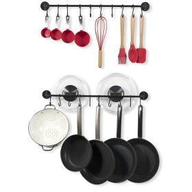 Set of 2 Black Metal Wall Mounted Pot Rack with 20 Hanging Hooks