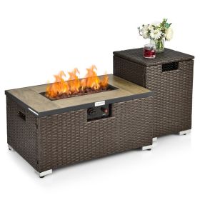 Outdoor Propane Fire Pit with Side Table & Brown Rattan