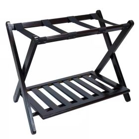 Heavy-Duty Dark Brown Solid Wood Luggage Rack with Storage Shelf