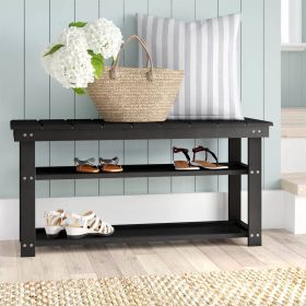 Black Wooden Shoe Rack Storage Bench with 2 Shelves