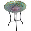 Peacock Style Glass Mosaic Flower Birdbath with Metal Stand