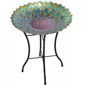 Peacock Style Glass Mosaic Flower Birdbath with Metal Stand