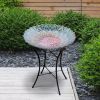 Peacock Style Glass Mosaic Flower Birdbath with Metal Stand