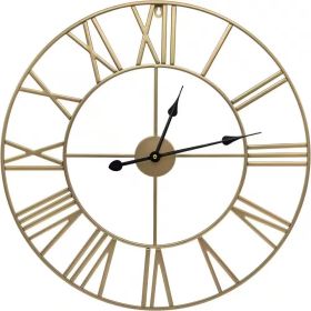 Round 24 Inch Decorative Gold Metal Wall Clock with Roman Numerals and Black Hands