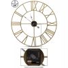 Round 24 Inch Decorative Gold Metal Wall Clock with Roman Numerals and Black Hands