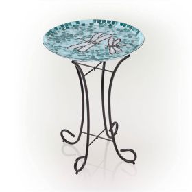 Dragonfly Mosaic Glass Birdbath with Black Metal Stand