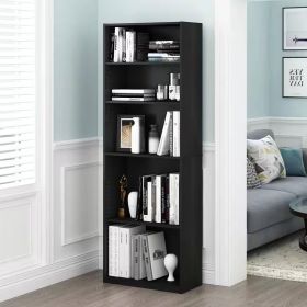 71 Inch Tall 5 Shelf Bookcase in Black Wood Finish – Modern Adjustable Storage Bookcase
