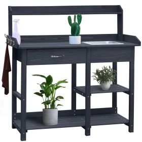 Grey Wood Outdoor Garden Potting Bench with Storage Shelf & Removable Sink