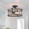 Round 13 Inch Metal Wood Farmhouse 2-Light Ceiling Lamp Semi Flush Mount