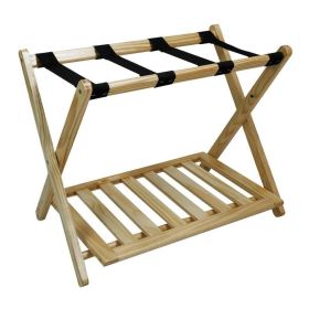 Solid Wood Luggage Rack with Storage Shelf & Black Straps