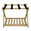 Solid Wood Luggage Rack with Storage Shelf & Black Straps