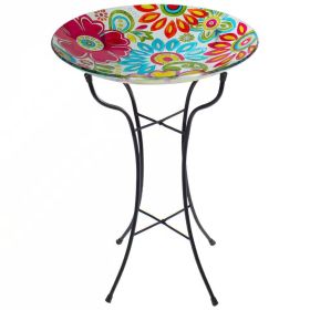 Pastel Flowers Painted Glass Bird Bath w/ Stand