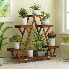 Indoor Outdoor Solid Wood Triangular Multi Tier Plant Stand with Locking Wheels
