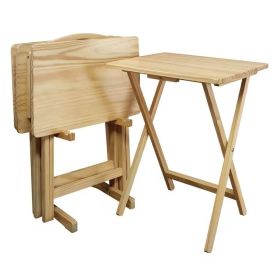 Set of 4 Solid Wood Folding TV Tray Table Set with Stand in Natural Finish