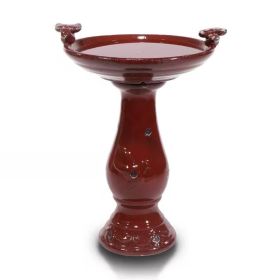 Outdoor Dark Red Ceramic Birdbath with Antique Finish