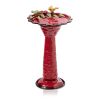 Red Metal Birdbath with Decorative Bird Leaf Figurines