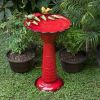 Red Metal Birdbath with Decorative Bird Leaf Figurines
