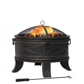 Round Steel Outdoor Fire Pit with Cover and Poker in Bronze