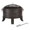 Round Steel Outdoor Fire Pit with Cover and Poker in Bronze