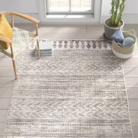 6.6 Ft x 9 Ft Grey Ivory Chevron Stripe Geometric Boho Style Area Rug