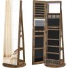 Rustic Brown Wood Jewelry Cabinet Armoire with Rotating Mirror