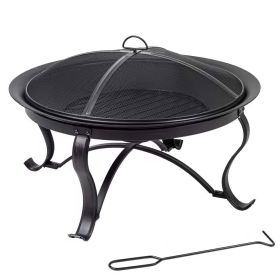 Round Steel Fire Pit with Mesh Cover and Poker in Bronze