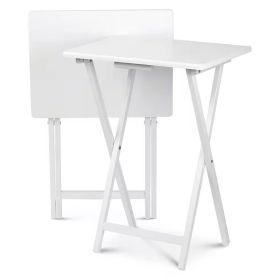 Set of 2 Folding TV Tray Table Set in White Wood Finish – Portable Snack & Laptop Tables