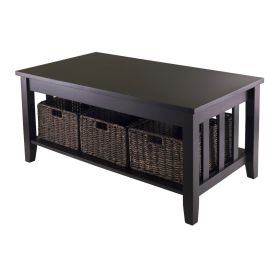 Mission Style Dark Wood Coffee Table with 3 Folding Storage Baskets