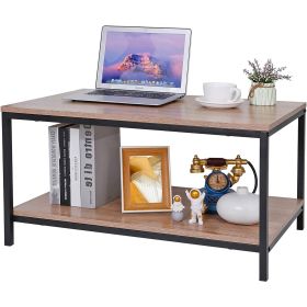 Modern 2-Tier Metal & Wood Coffee Table with Storage Shelf